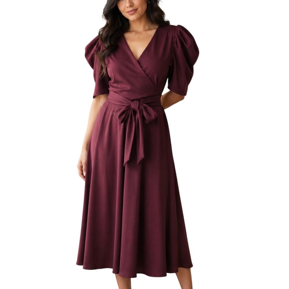 Burgundy Wrap Midi Dress Puff Sleeve Wedding Guest Romantic Large
